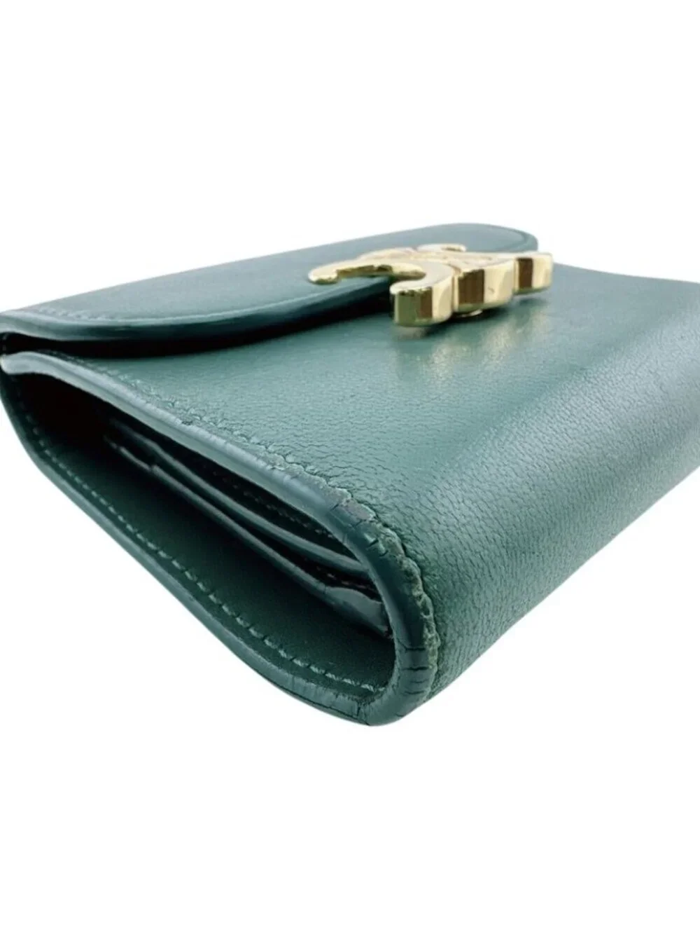 Celine Compact Wallet Small Flap Triomphe Leather Trifold Green - Picture 5 of 8
